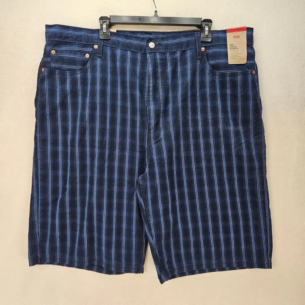 LEVI'S MEN'S 44 LOOSE FIT 469 DENIM SHORTS 12 INCH LIGHTSABER PLAID BLUE NWT